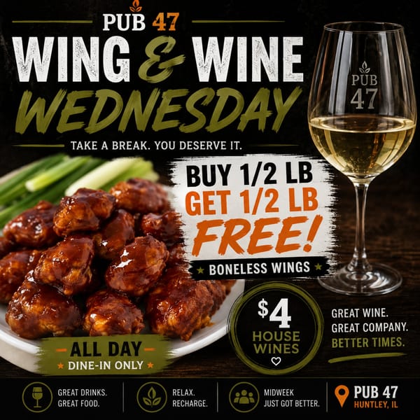 A plate of boneless wings with green onions and a glass of white wine for Pub 47's Wing & Wine Wednesday.