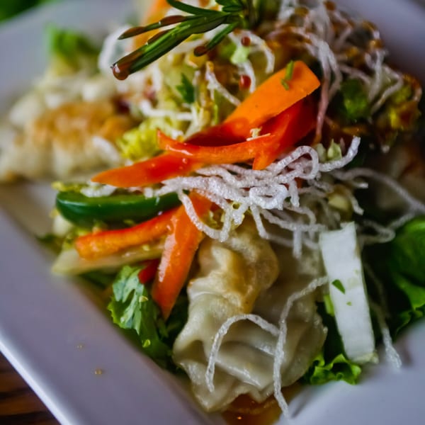 Pub 47's pan-fried dumplings with sliced peppers, greens, and crispy noodles on a white plate.