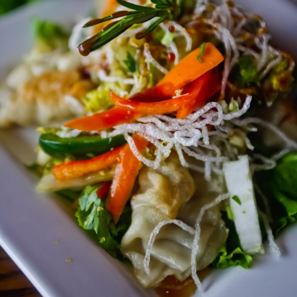 Pub 47's pan-fried dumplings with sliced peppers, greens, and crispy noodles on a white plate.