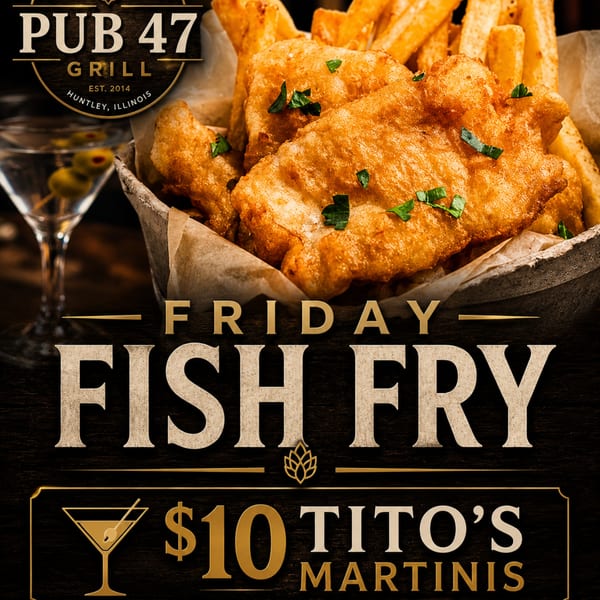 Golden fried fish and french fries in a basket, with a martini glass beside it.