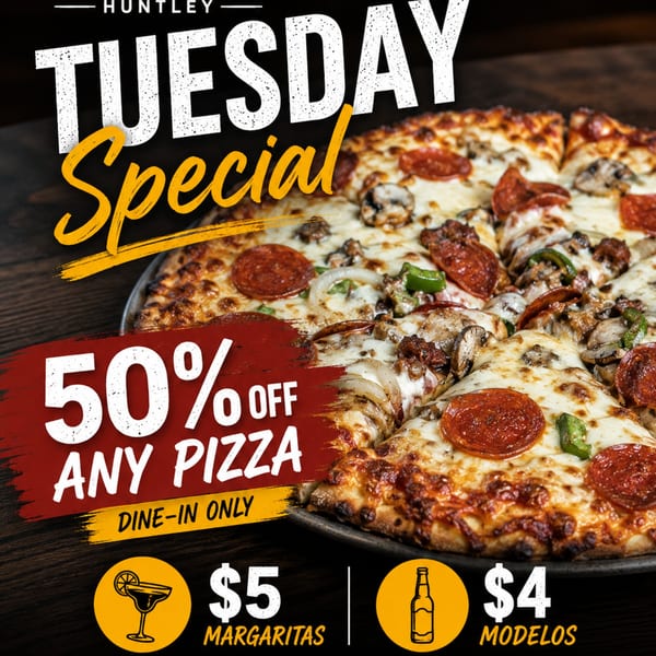A close-up of a pepperoni and veggie pizza with text advertising a Tuesday special.